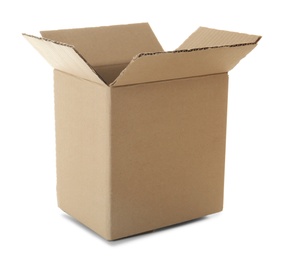 Photo of Open empty cardboard box on white background