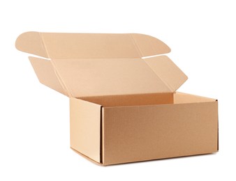 Photo of One open cardboard box isolated on white