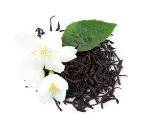 Photo of Dry green tea and fresh jasmine flowers isolated on white, top view