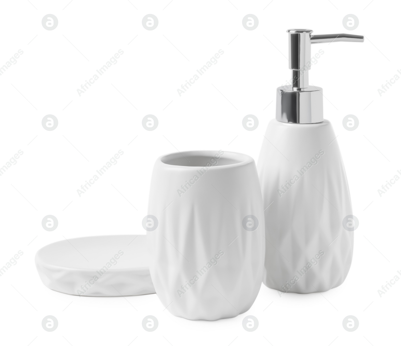 Photo of Set of bath accessories isolated on white