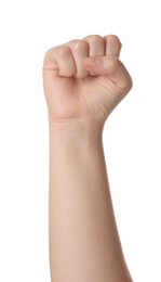 Playing rock, paper and scissors. Woman showing fist on white background, closeup