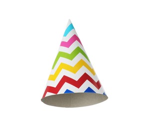 Photo of One colorful party hat isolated on white