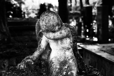 Image of Beautiful statue of angel at cemetery. Monochrome photography