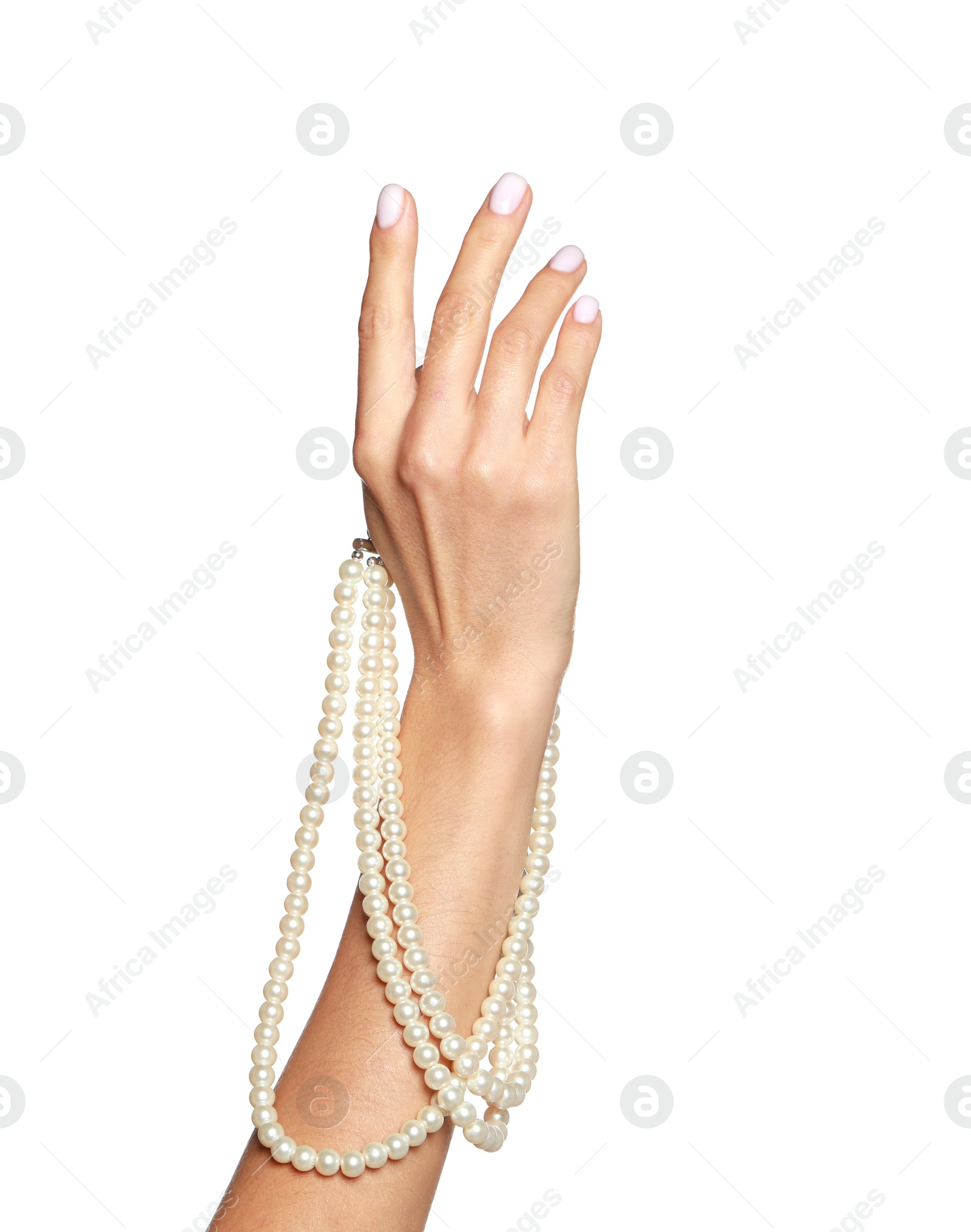 Photo of Young woman with elegant pearl necklace on white background, closeup