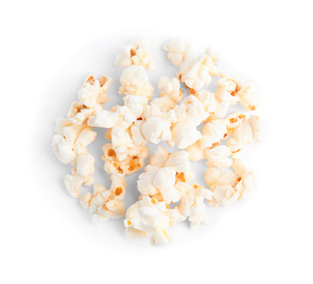 Photo of Tasty fresh pop corn isolated on white, top view