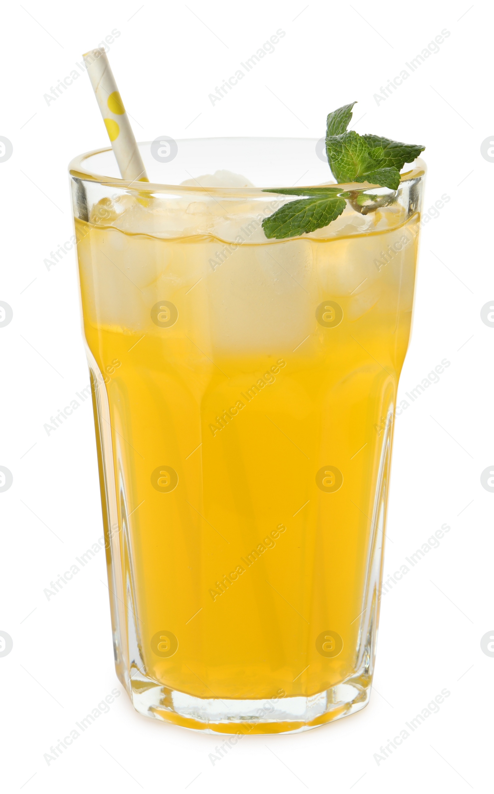 Photo of Delicious orange soda water on white background