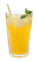 Delicious orange soda water on white background