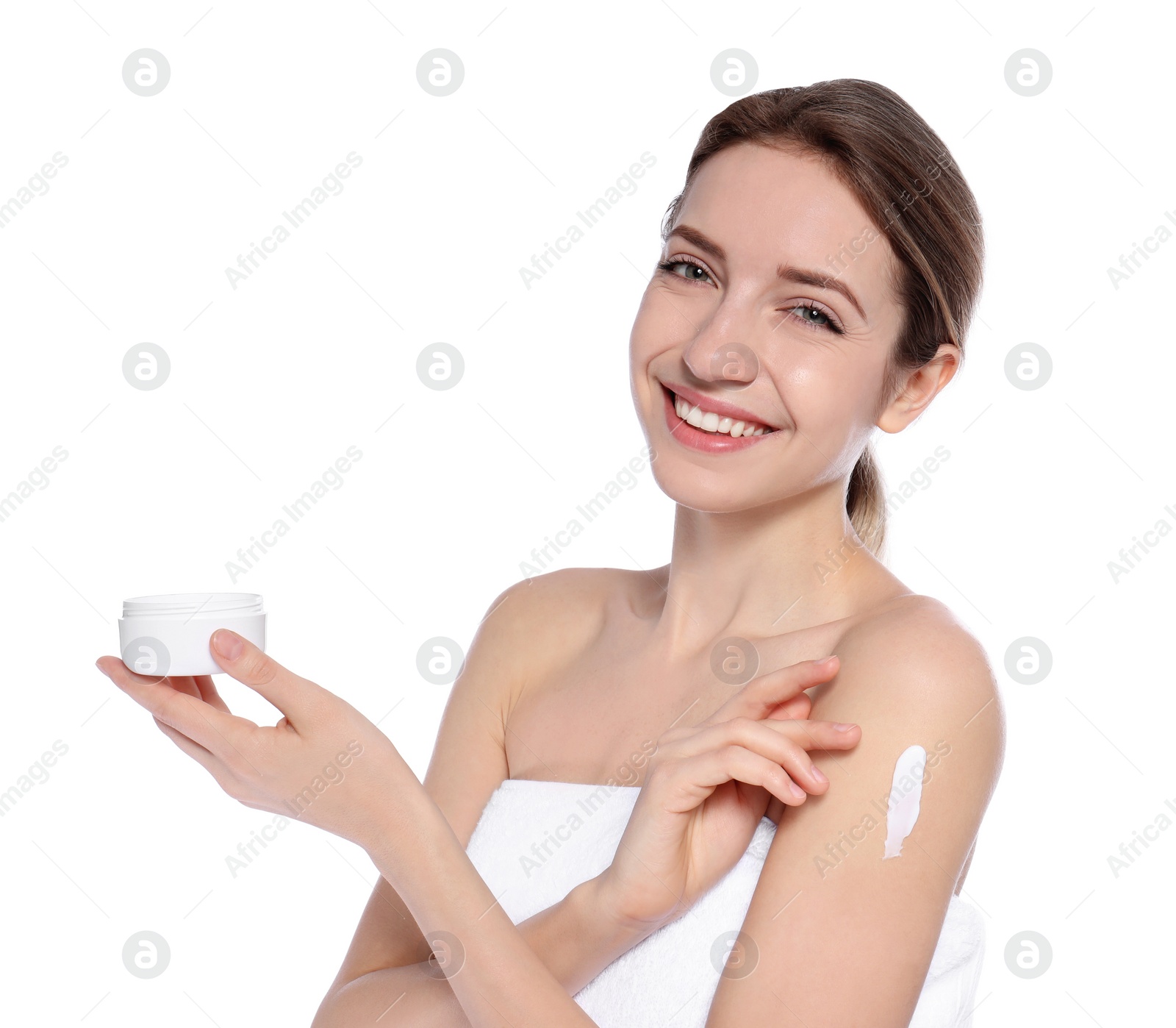 Photo of Young woman with jar of cream on white background. Beauty and body care