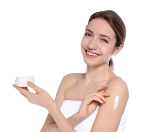Photo of Young woman with jar of cream on white background. Beauty and body care