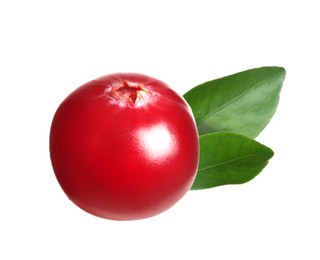 Image of Fresh ripe red cranberry and green leaves on white background