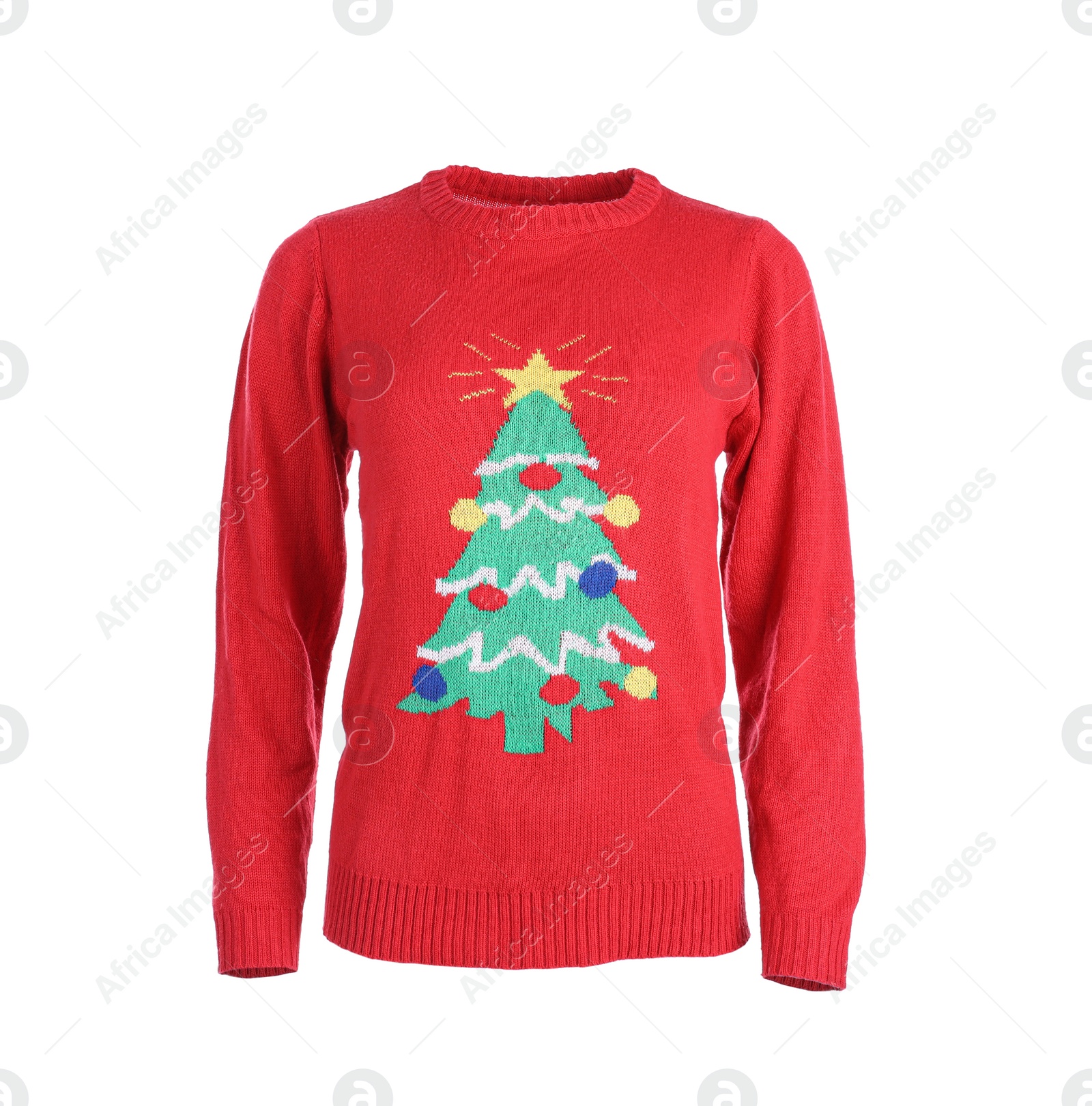 Photo of Warm Christmas sweater with decorated fir tree isolated on white