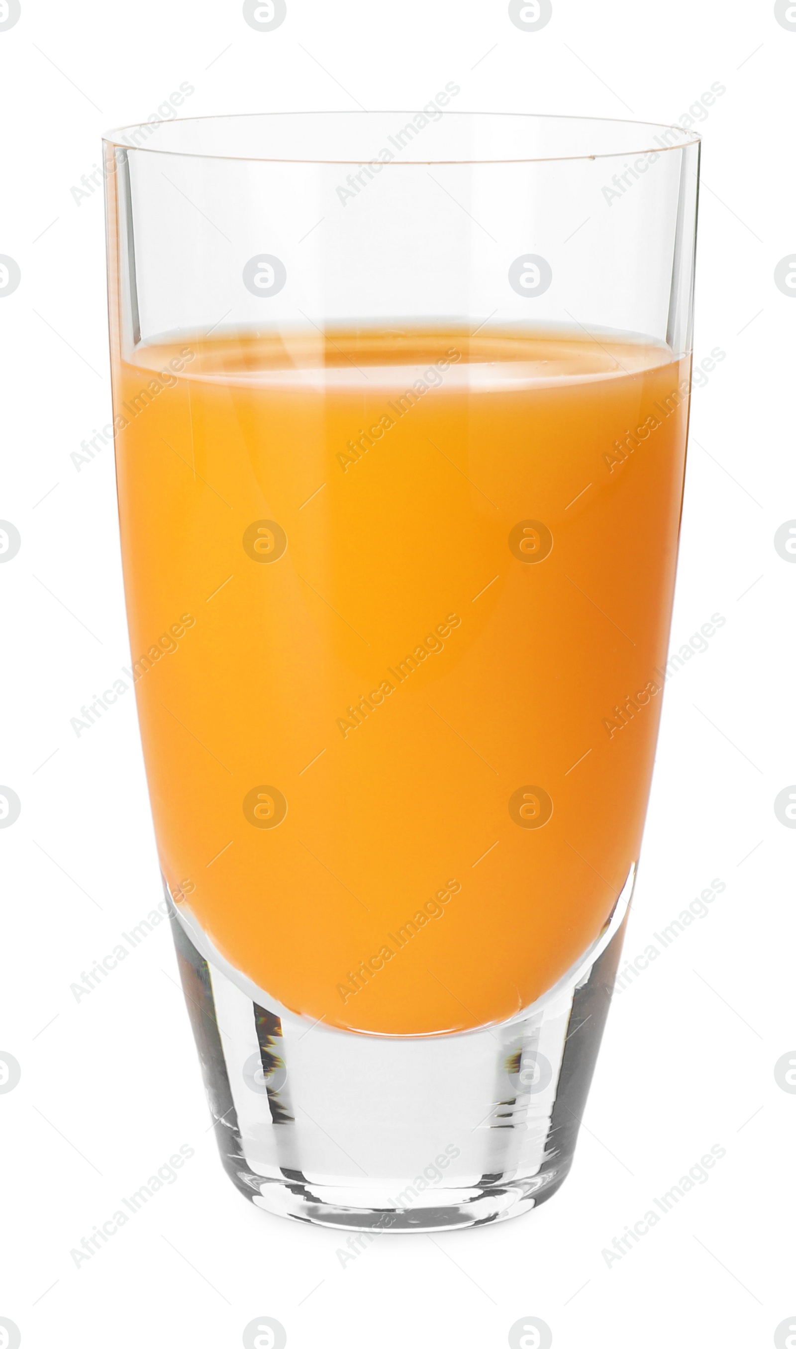 Photo of Tasty tangerine liqueur in shot glass isolated on white