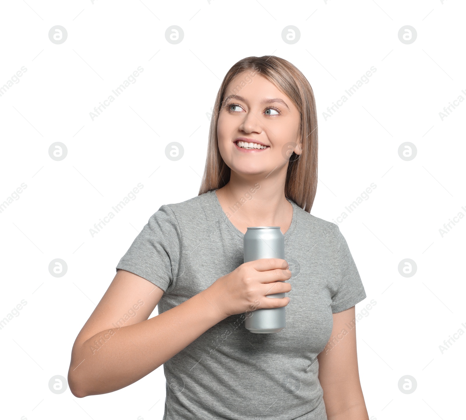 Photo of Beautiful happy woman holding beverage can on white background