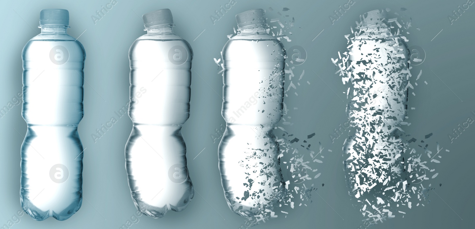 Image of Set with bottles of water vanishing on color background. Decomposition of plastic pollution, banner design