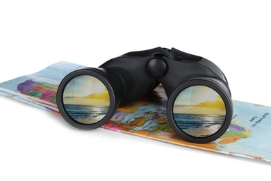 Image of Binoculars and map on white background. Seascape reflecting in lenses