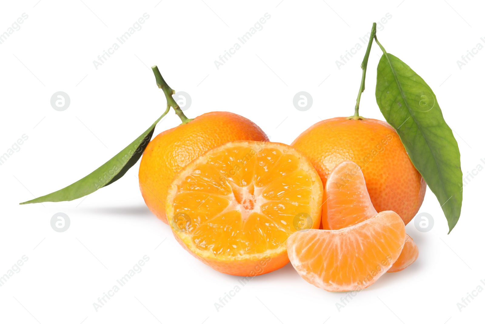 Photo of Fresh ripe juicy tangerines with green leaves isolated on white