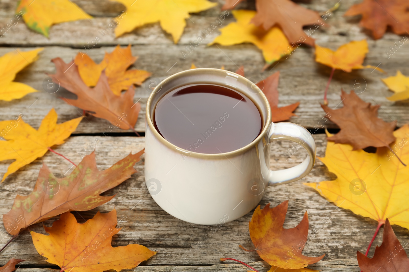 Photo of Cup of hot tea and autumn leaves on wooden table