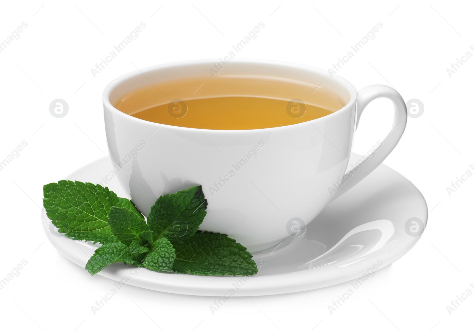 Photo of Cup of aromatic green tea with fresh mint on white background