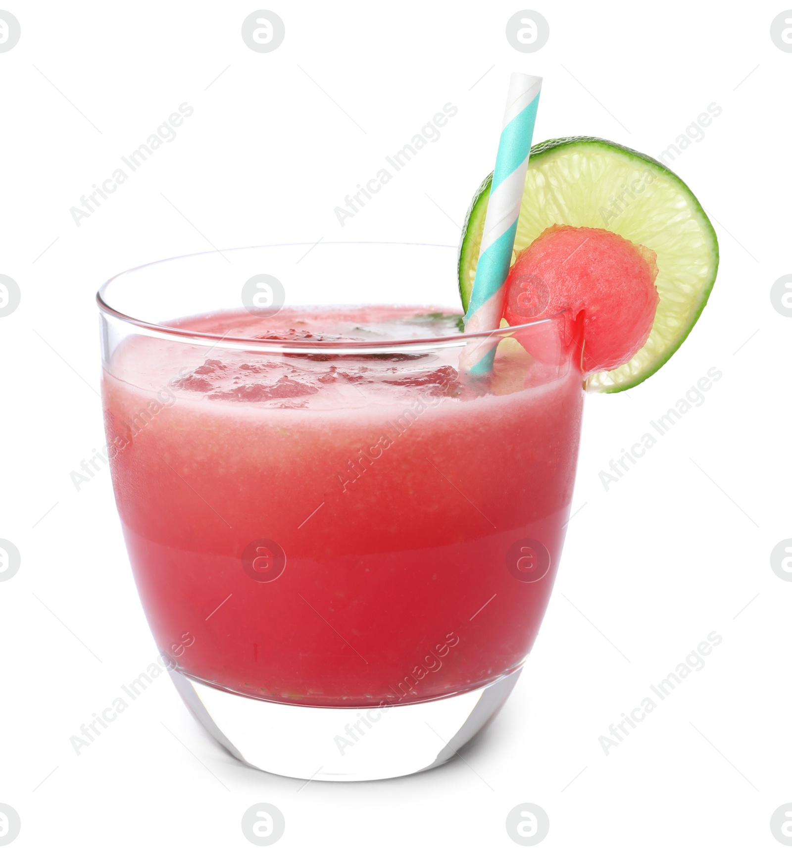 Photo of Delicious fresh watermelon drink on white background