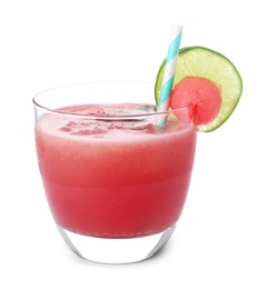 Photo of Delicious fresh watermelon drink on white background