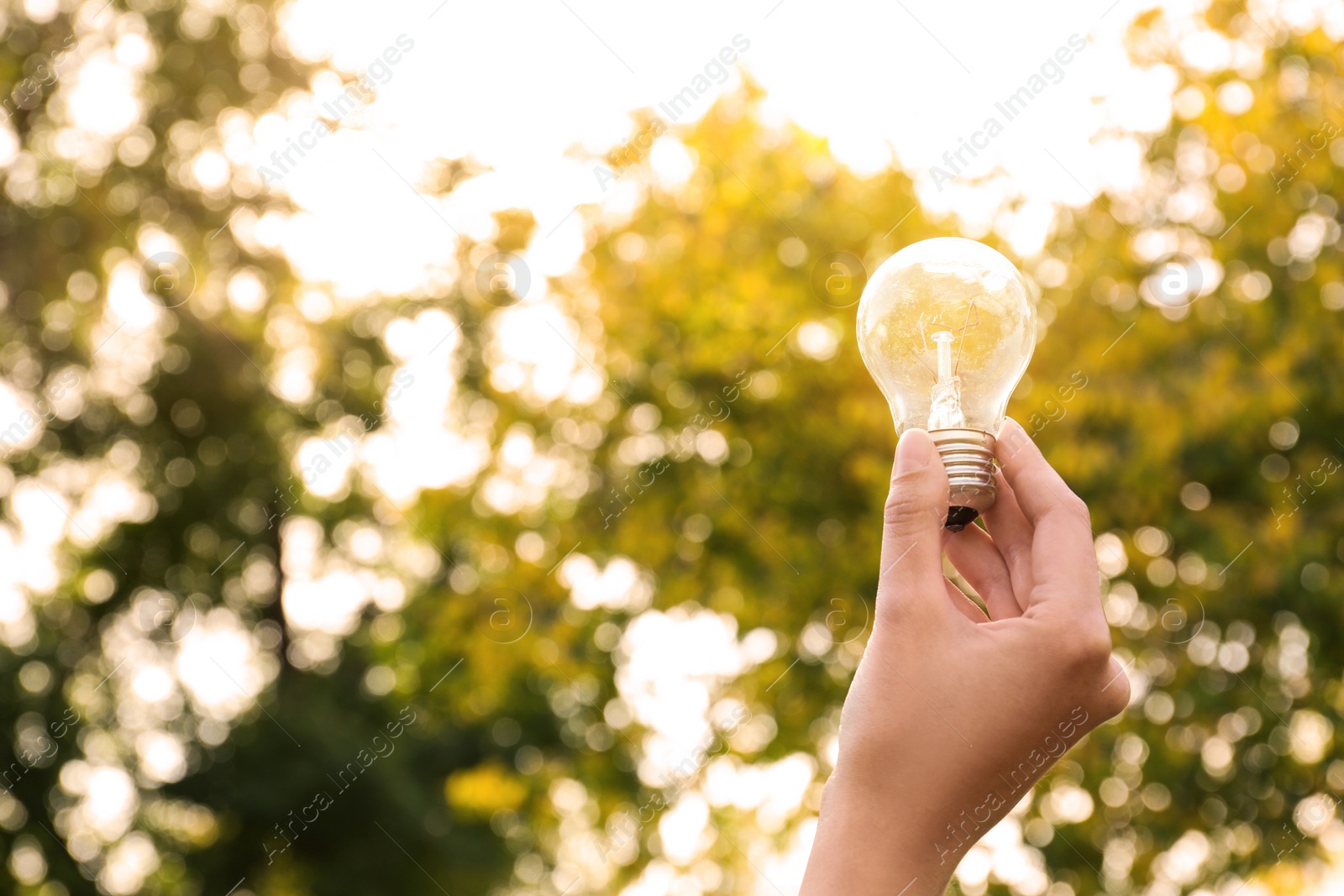 Photo of Woman holding lamp bulb outdoors, closeup. Space for text