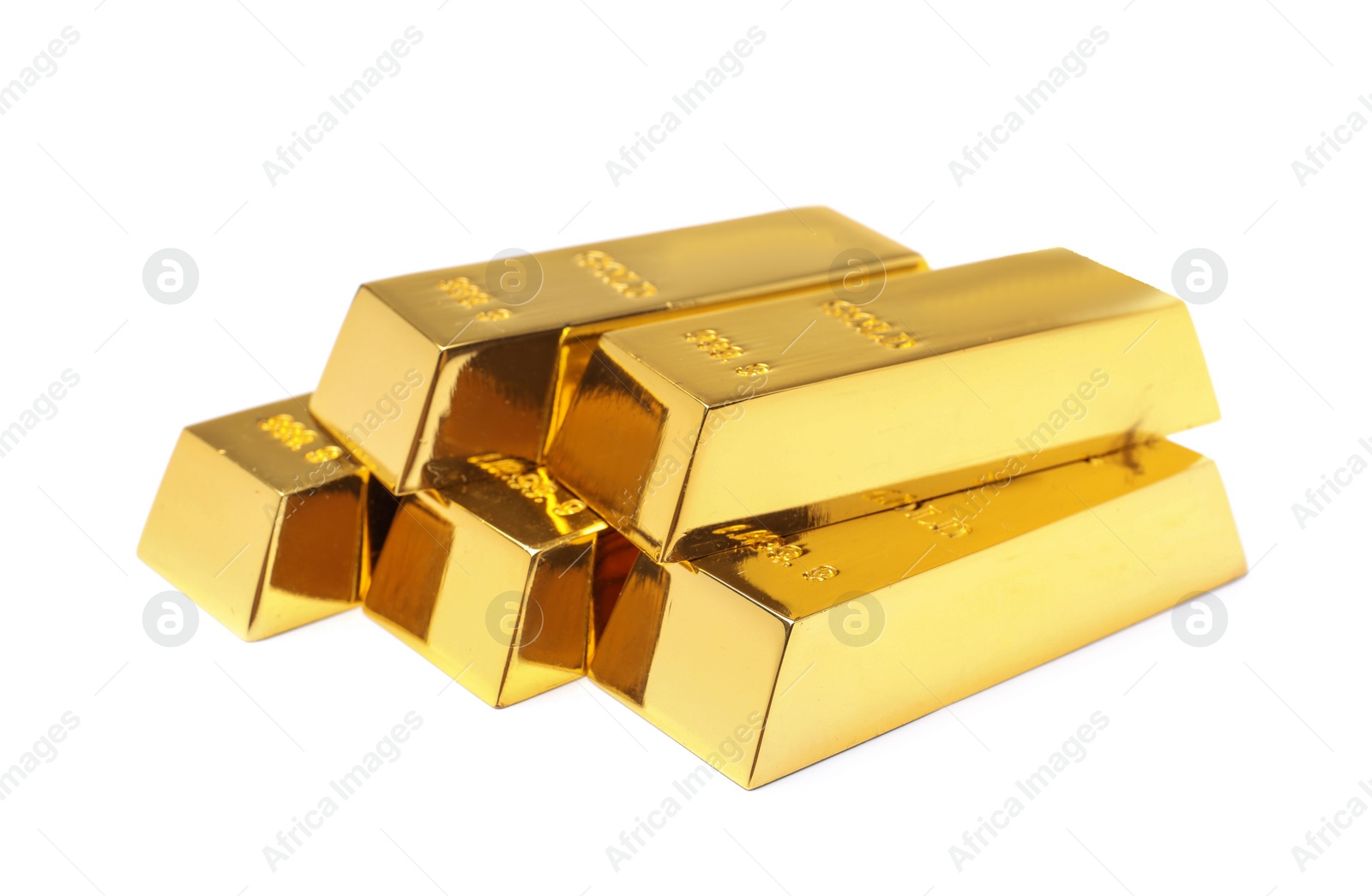 Photo of Precious shiny gold bars on white background