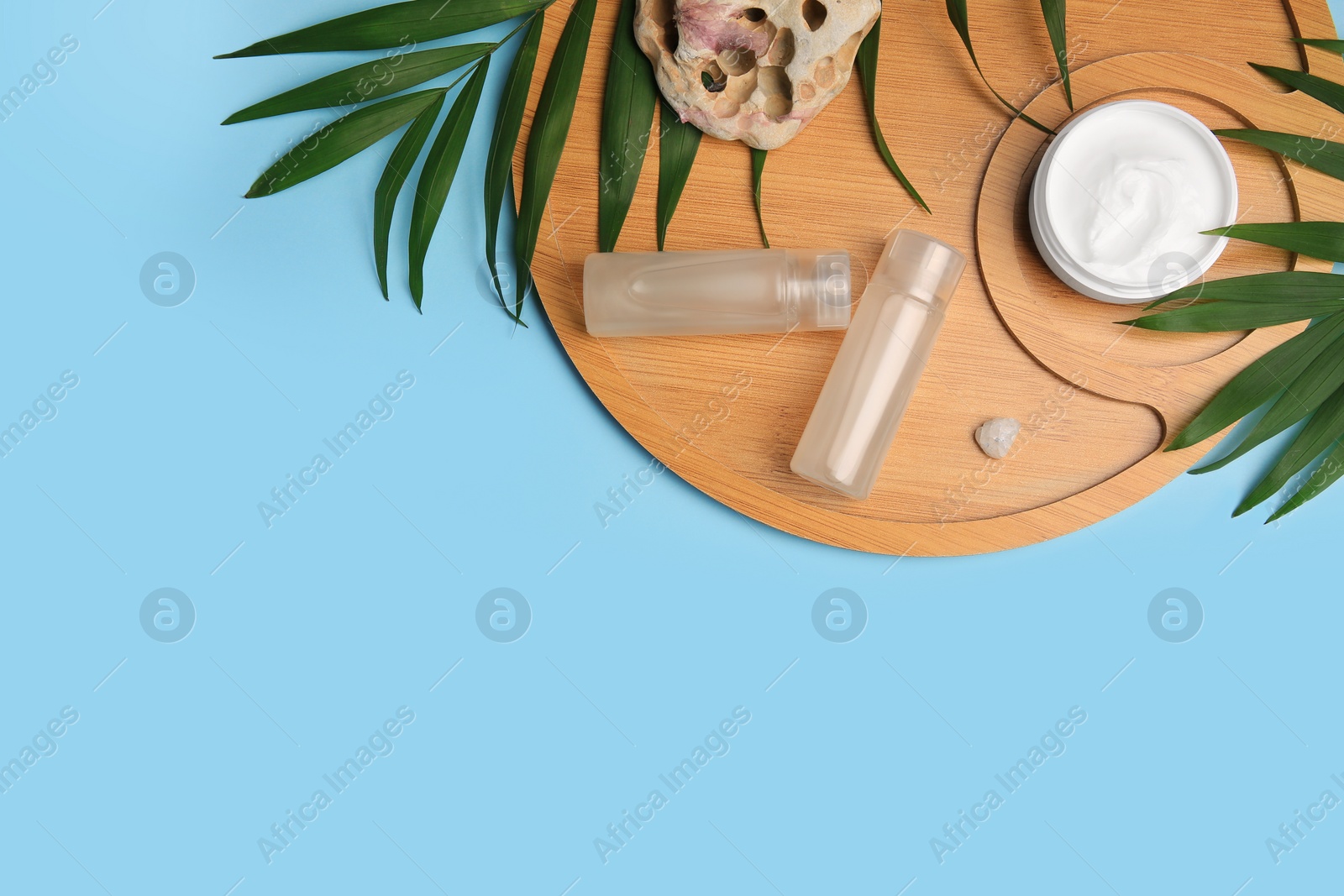 Photo of Different cosmetic products, palm leaves and stones on light blue background, flat lay. Space for text