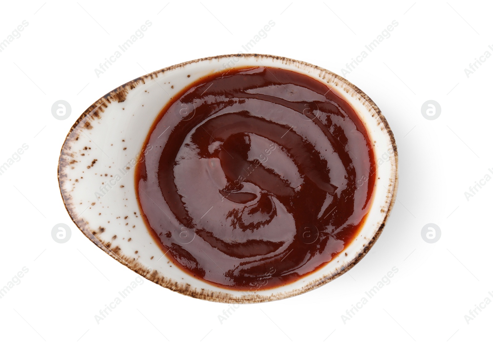 Photo of Marinade in gravy boat isolated on white, top view