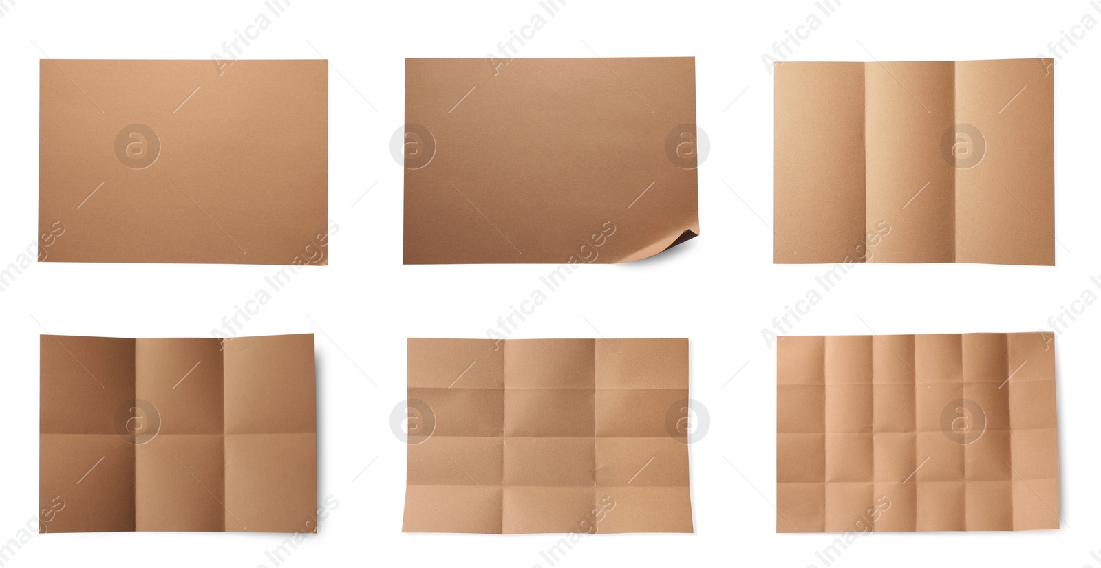 Image of Set with blank kraft paper sheets on white background, top view