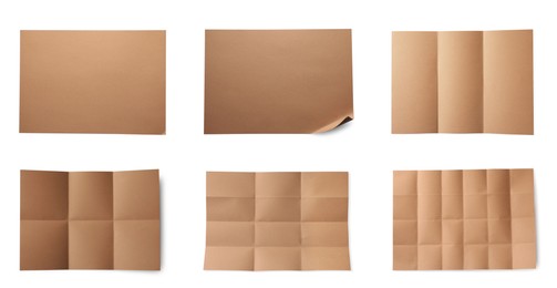 Set with blank kraft paper sheets on white background, top view