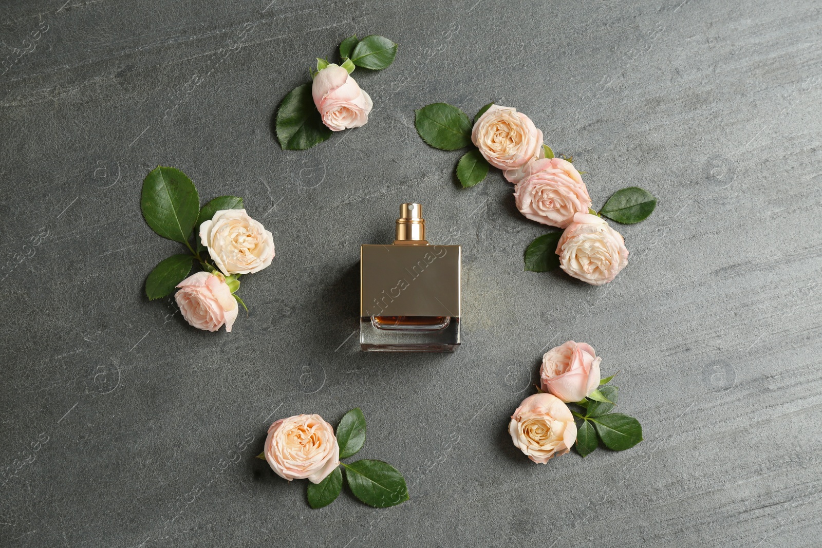 Photo of Beautiful composition with bottle of perfume and roses on grey background, flat lay