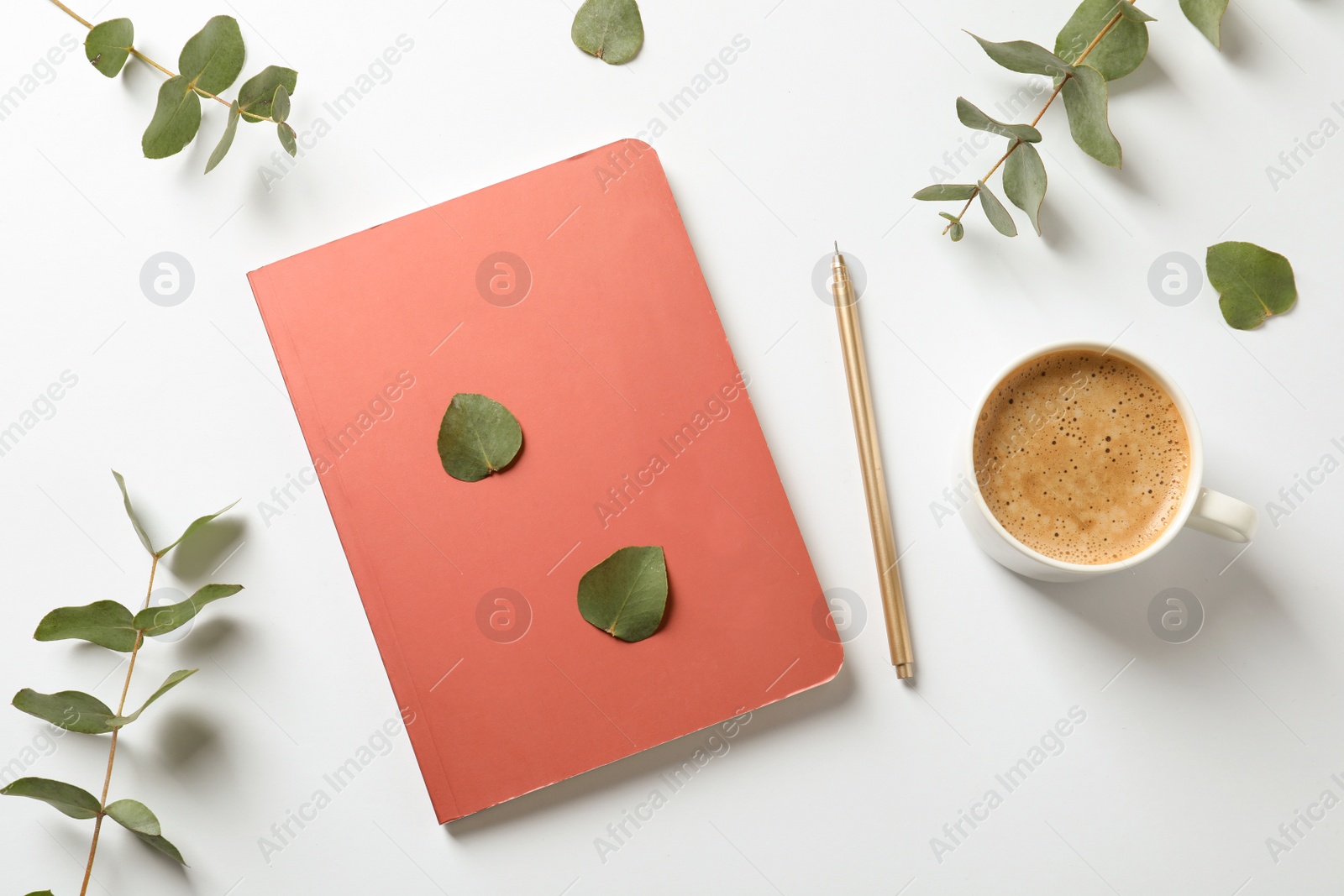 Photo of Flat lay composition with book, cup of coffee and leaves on white background