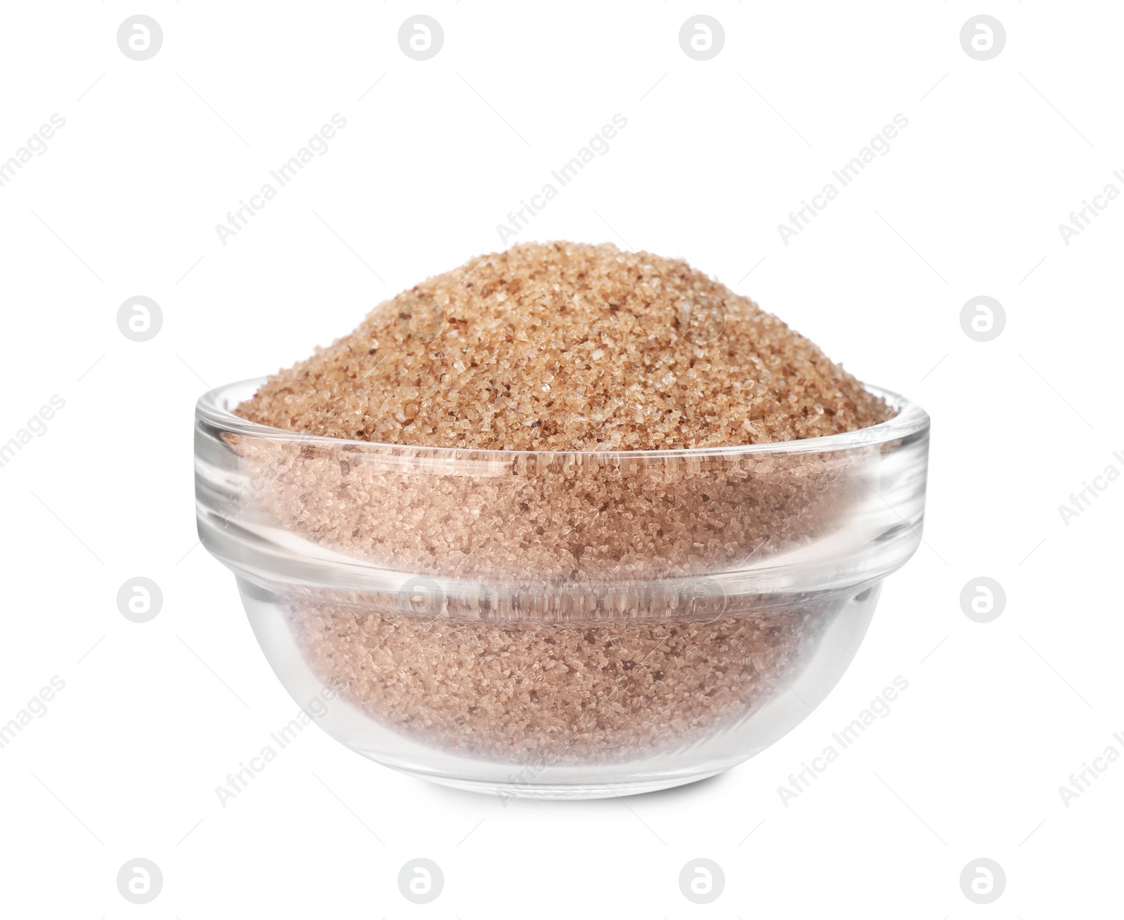 Photo of Brown salt in glass bowl isolated on white