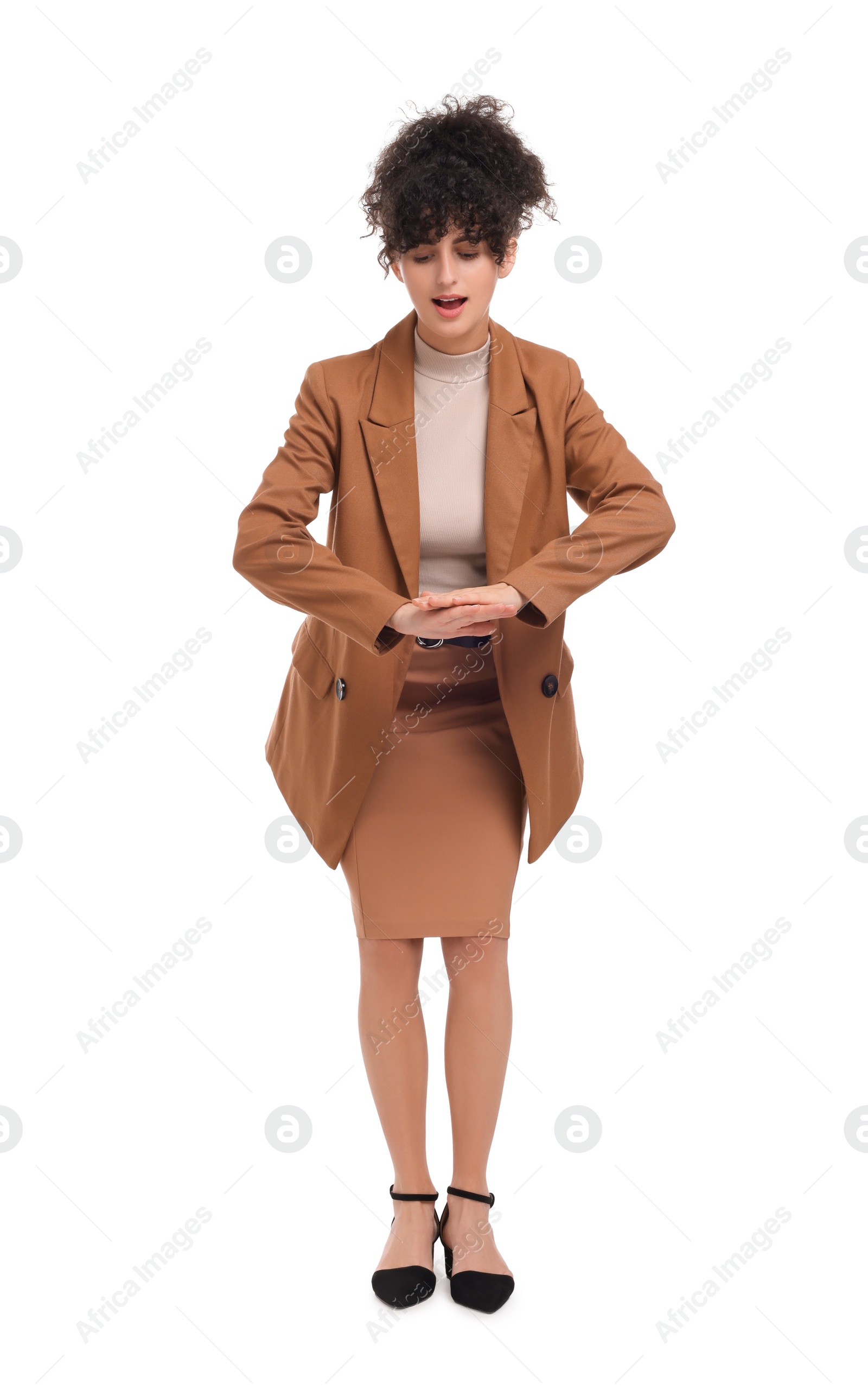 Photo of Beautiful young businesswoman posing on white background