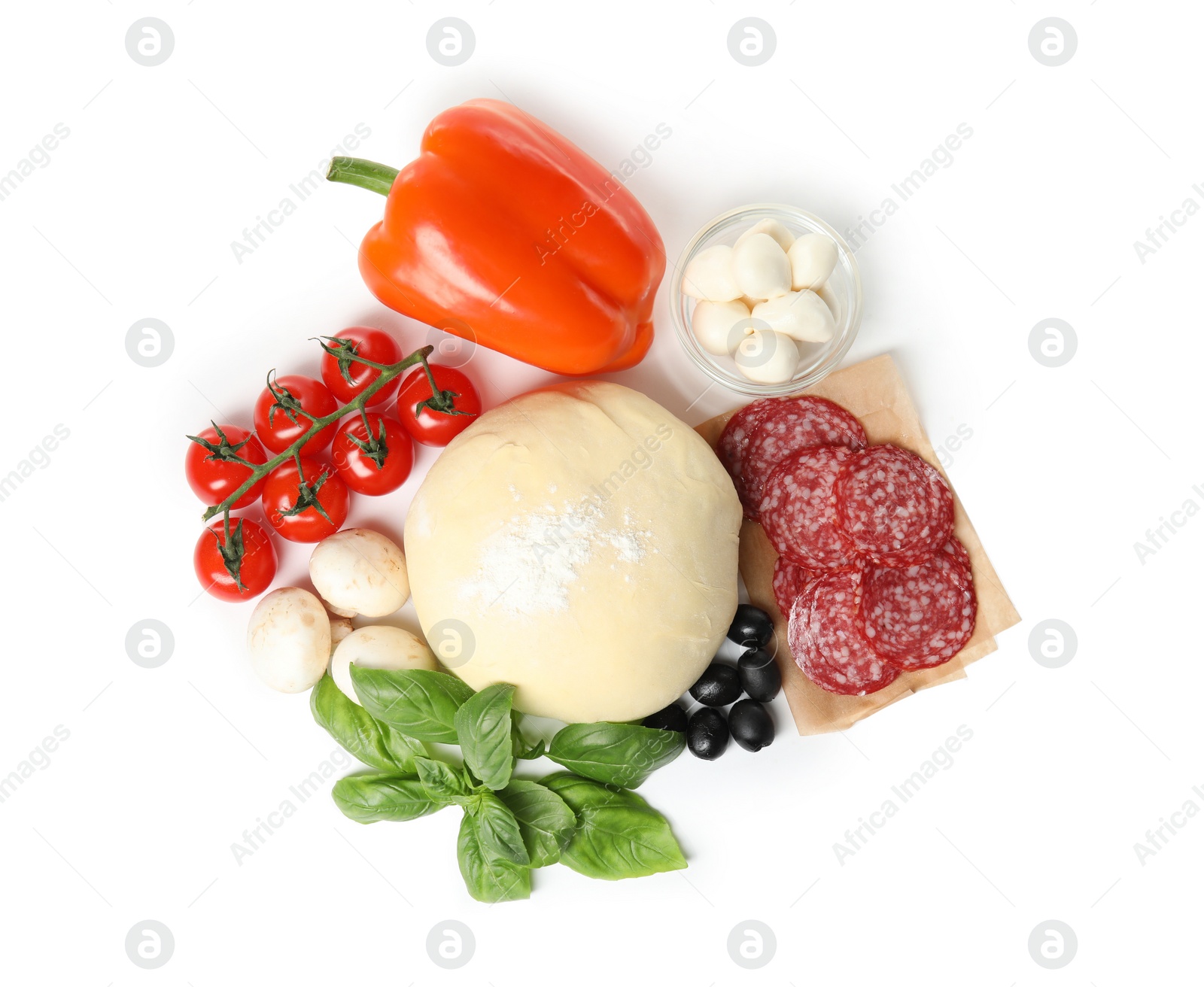 Photo of Composition with dough and fresh ingredients for pizza isolated on white, top view