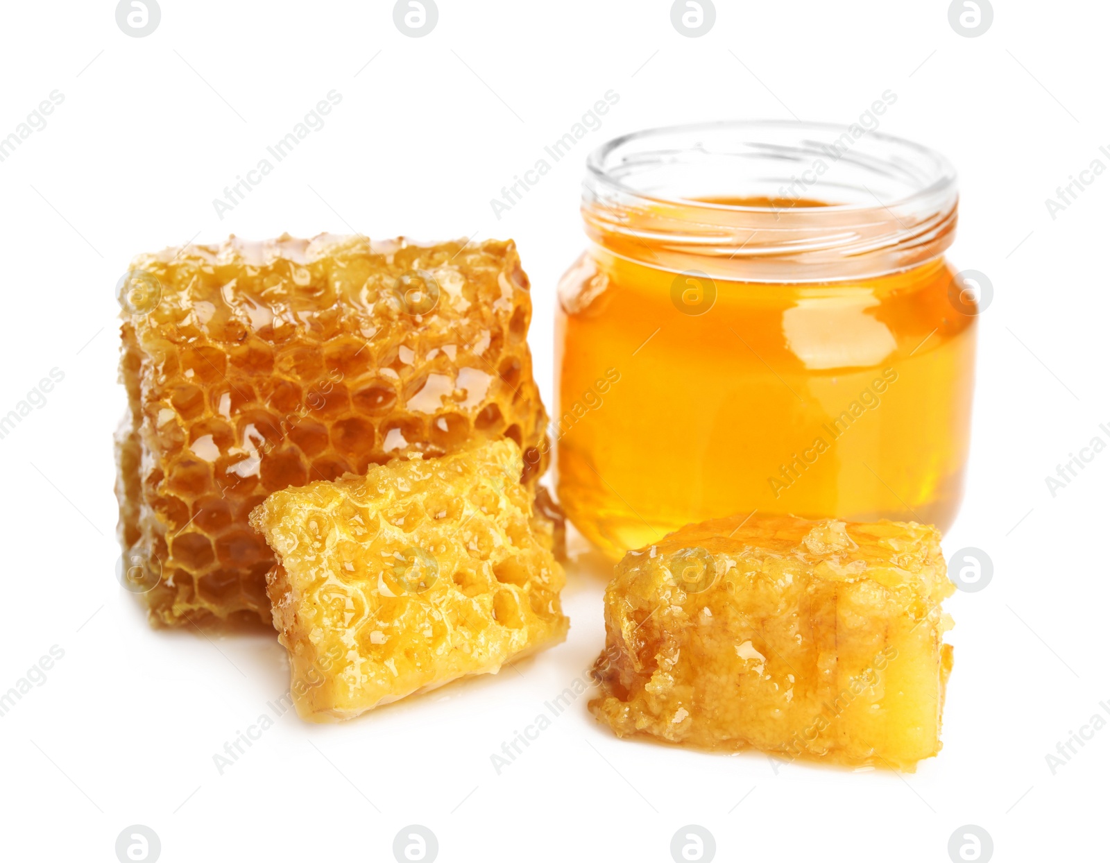 Photo of Composition with fresh honey on white background