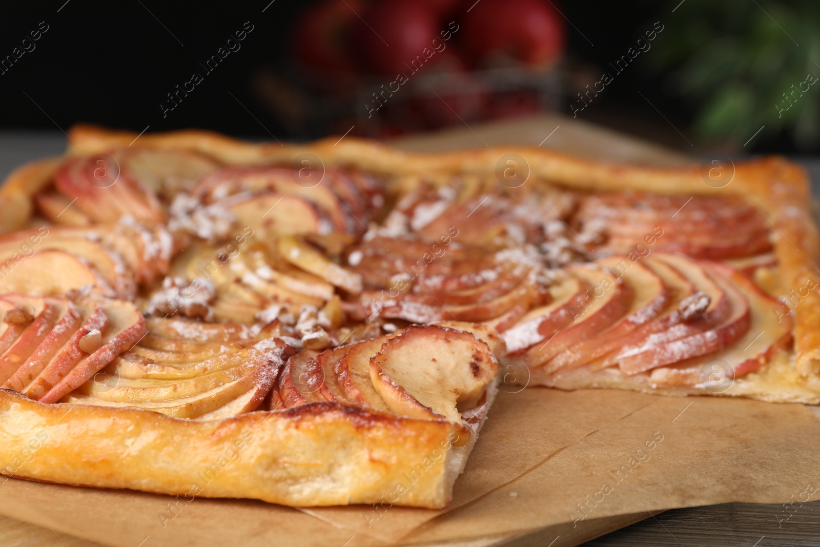 Photo of Freshly baked apple pie on table, closeup