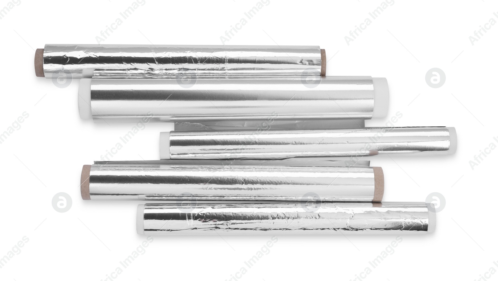 Photo of Rolls of aluminum foil isolated on white, top view