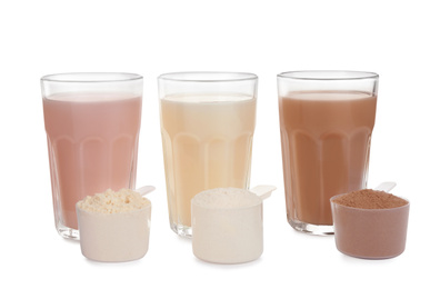 Photo of Protein shakes and different types of powder isolated on white