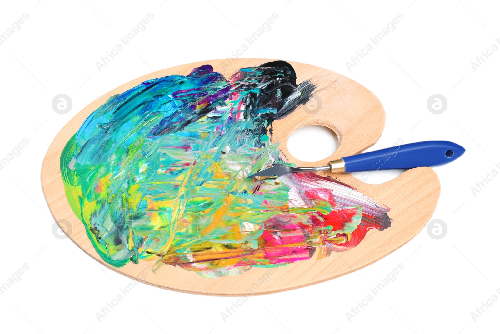 Photo of Palette with paints and spatula on white background, top view. Artist equipment