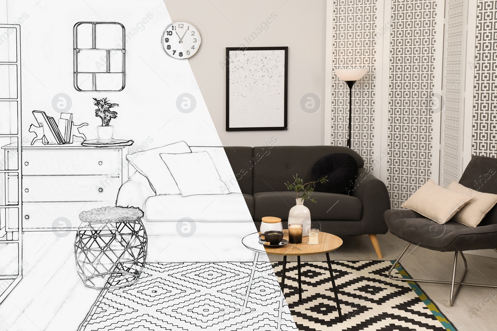 Image of From idea to realization. Stylish living room interior with comfortable furniture. Collage of photo and sketch
