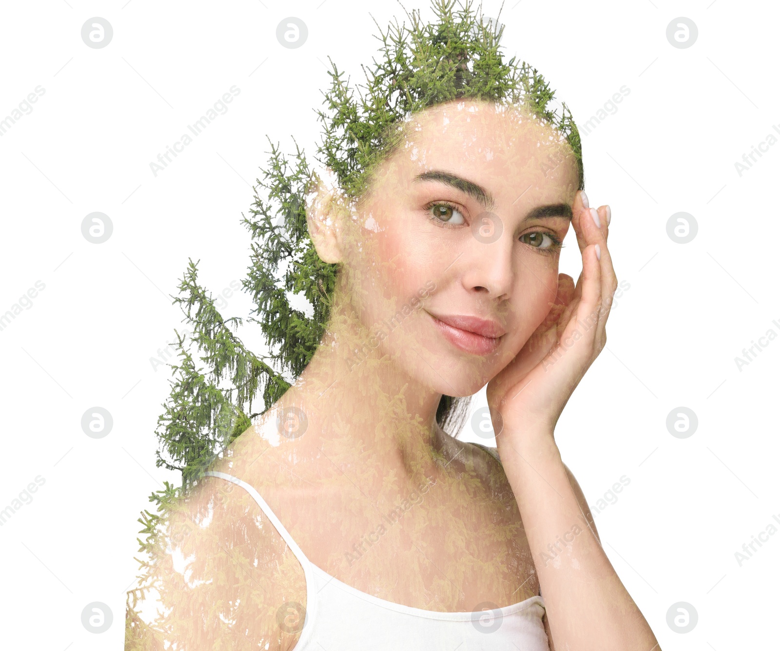 Image of Double exposure of beautiful woman and trees on white background