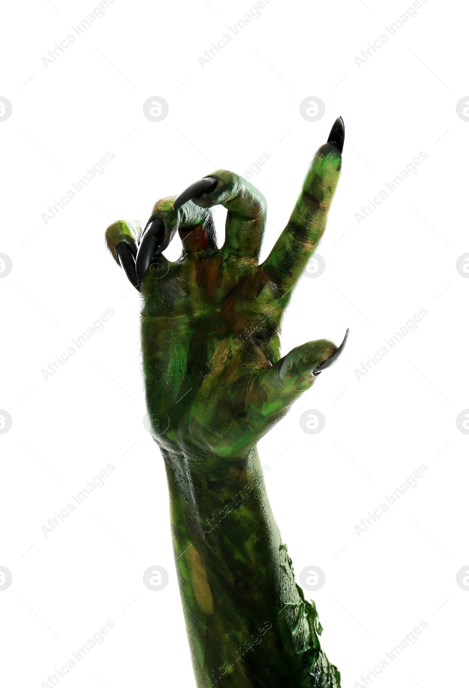 Photo of Scary monster on white background, closeup of hand. Halloween character