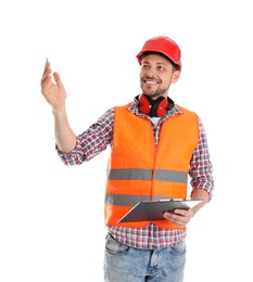 Male industrial engineer in uniform with clipboard on white background. Safety equipment