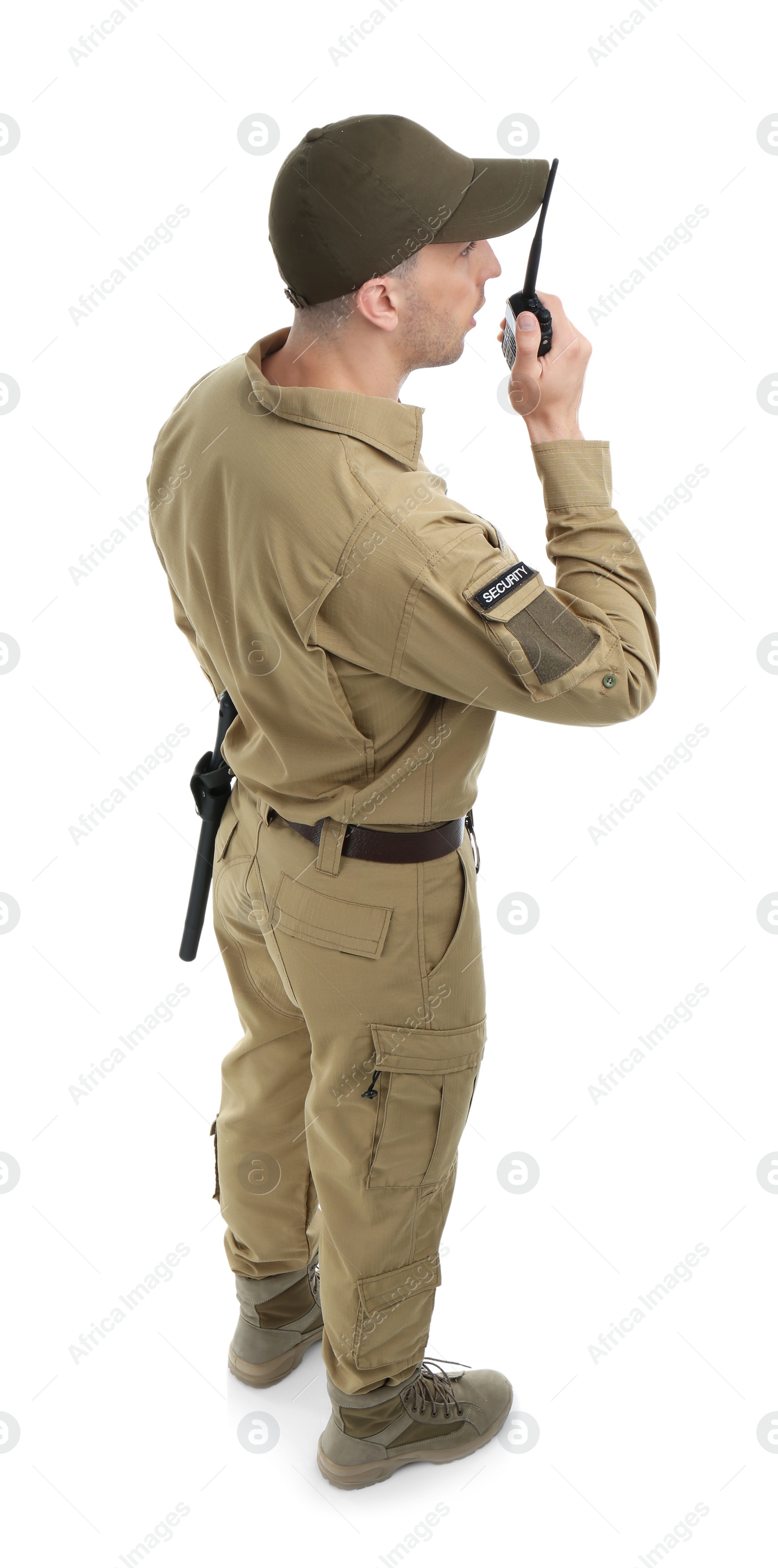 Photo of Male security guard using portable radio transmitter on white background