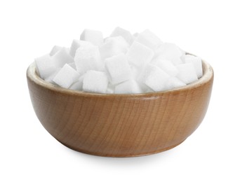 Photo of Sugar cubes in wooden bowl isolated on white