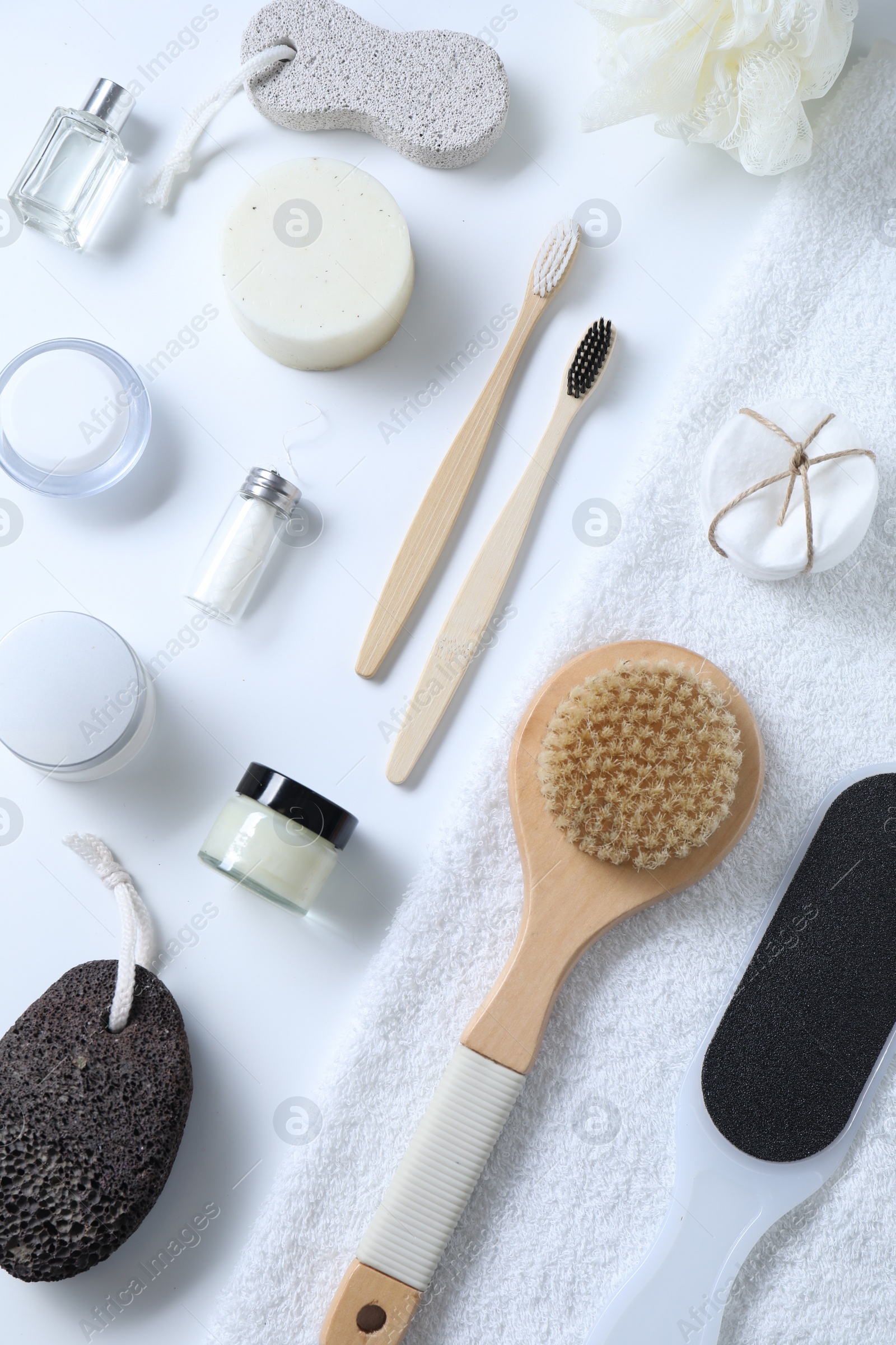 Photo of Bath accessories. Flat lay composition with personal care products on white background