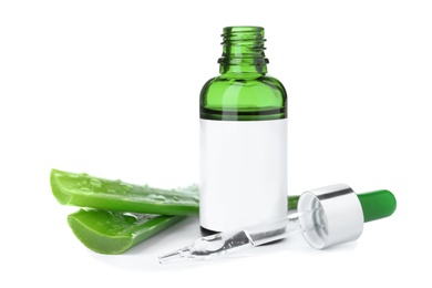 Bottle with aloe vera extract and fresh leaves on white background