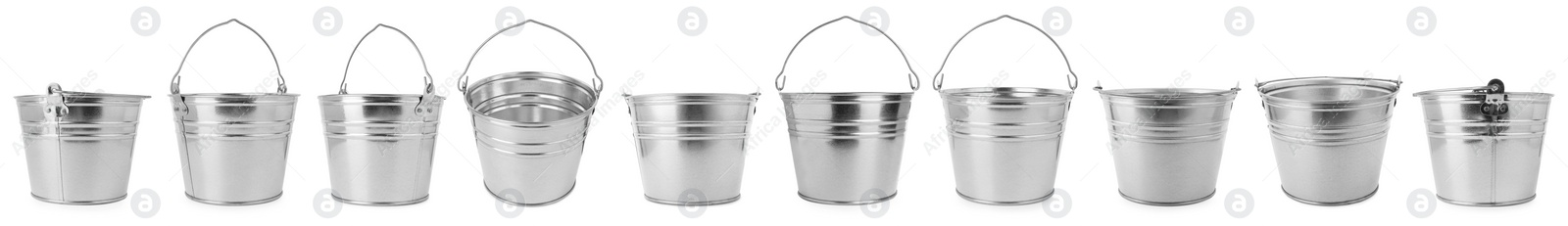 Image of Shiny metal buckets isolated on white, set