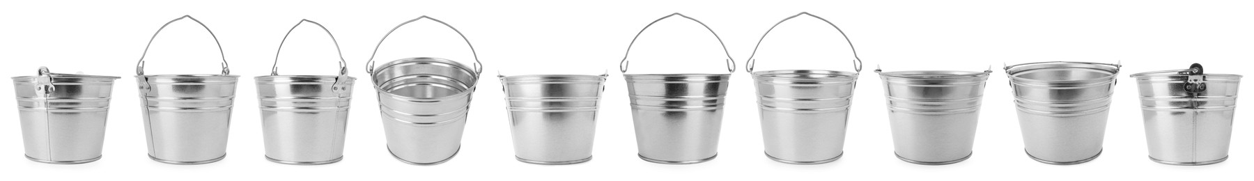 Image of Shiny metal buckets isolated on white, set